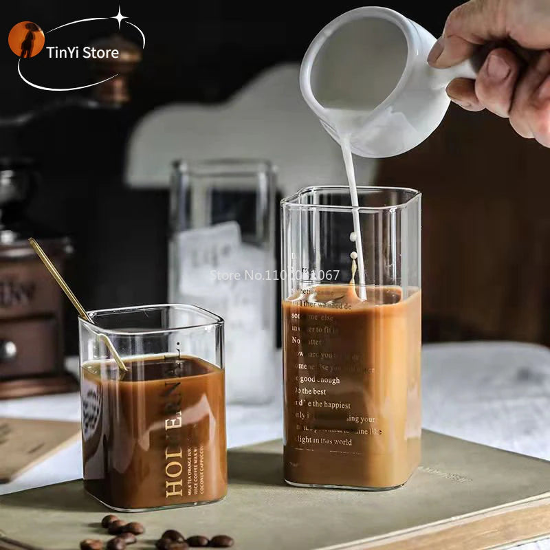 Square Transparent Creative Letter Glass Coffee Tea Mug Drinks Dessert Breakfast Milk Cup Glass Mugs Handle Drinkware