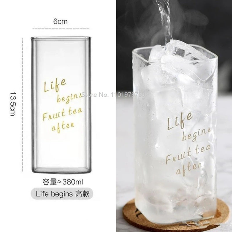 Square Transparent Creative Letter Glass Coffee Tea Mug Drinks Dessert Breakfast Milk Cup Glass Mugs Handle Drinkware