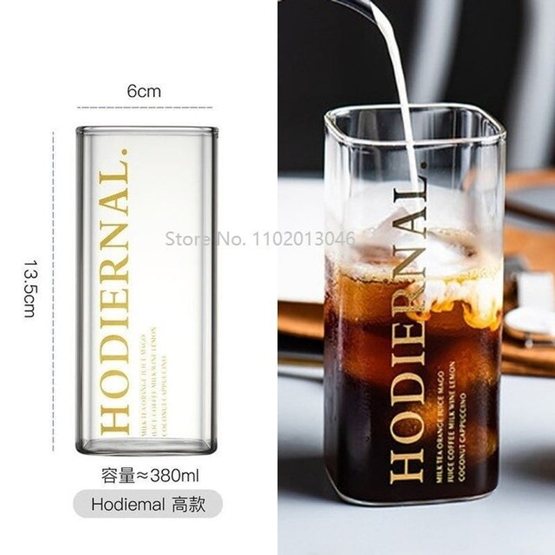 Square Transparent Creative Letter Glass Coffee Tea Mug Drinks Dessert Breakfast Milk Cup Glass Mugs Handle Drinkware