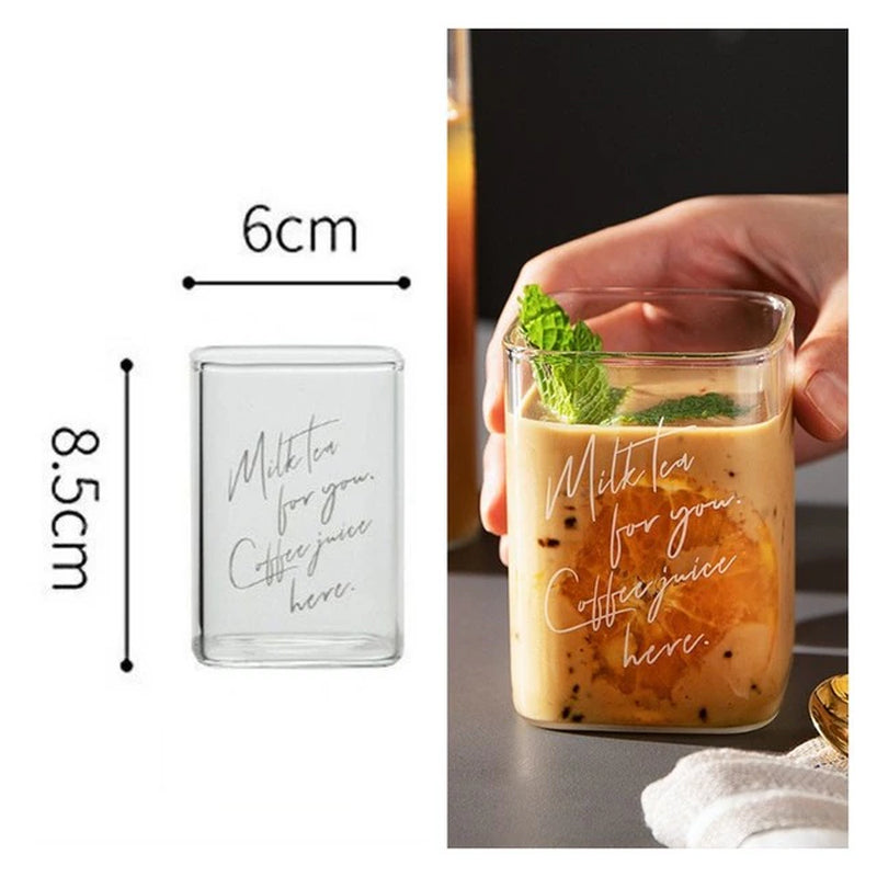 Square Transparent Creative Letter Glass Coffee Tea Mug Drinks Dessert Breakfast Milk Cup Glass Mugs Handle Drinkware