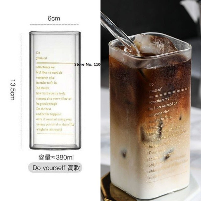 Square Transparent Creative Letter Glass Coffee Tea Mug Drinks Dessert Breakfast Milk Cup Glass Mugs Handle Drinkware