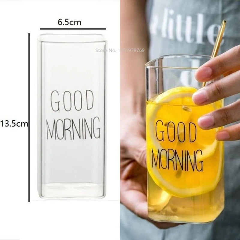 Square Transparent Creative Letter Glass Coffee Tea Mug Drinks Dessert Breakfast Milk Cup Glass Mugs Handle Drinkware