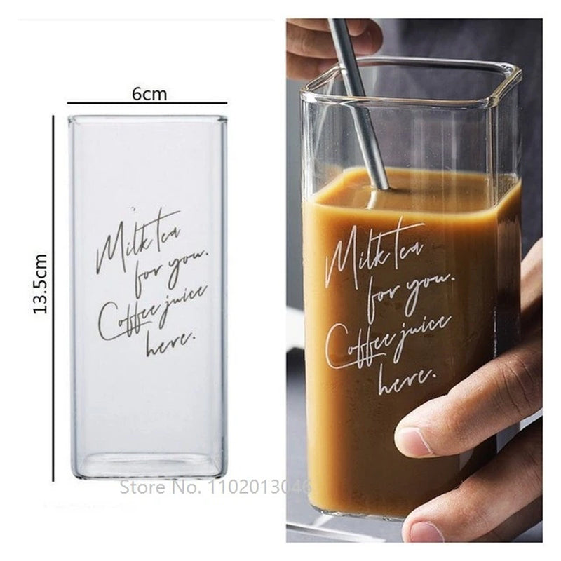 Square Transparent Creative Letter Glass Coffee Tea Mug Drinks Dessert Breakfast Milk Cup Glass Mugs Handle Drinkware