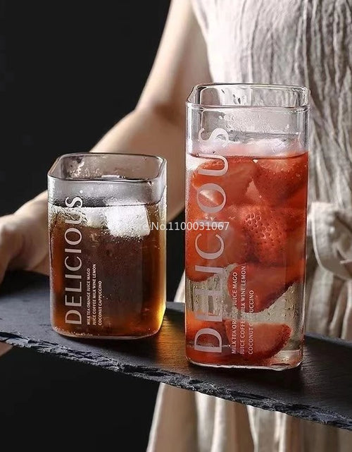 Load image into Gallery viewer, Square Transparent Creative Letter Glass Coffee Tea Mug Drinks Dessert Breakfast Milk Cup Glass Mugs Handle Drinkware
