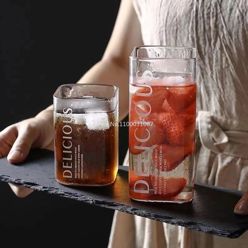 Square Transparent Creative Letter Glass Coffee Tea Mug Drinks Dessert Breakfast Milk Cup Glass Mugs Handle Drinkware