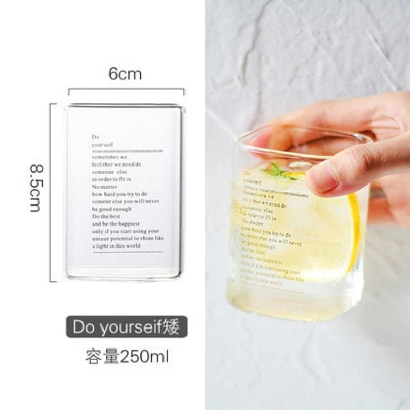 Square Transparent Creative Letter Glass Coffee Tea Mug Drinks Dessert Breakfast Milk Cup Glass Mugs Handle Drinkware