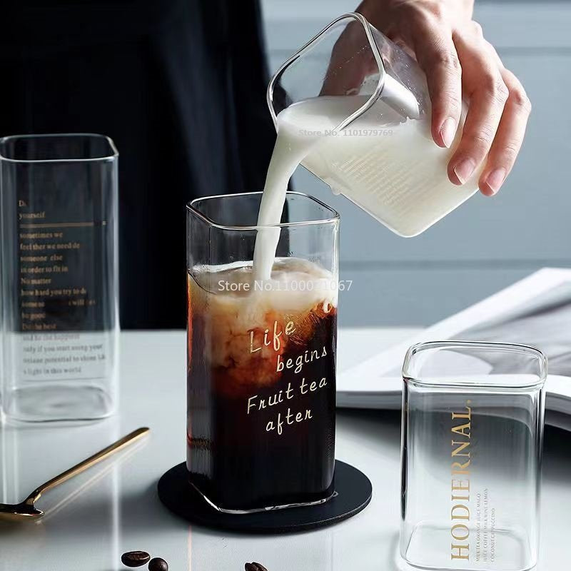 Square Transparent Creative Letter Glass Coffee Tea Mug Drinks Dessert Breakfast Milk Cup Glass Mugs Handle Drinkware