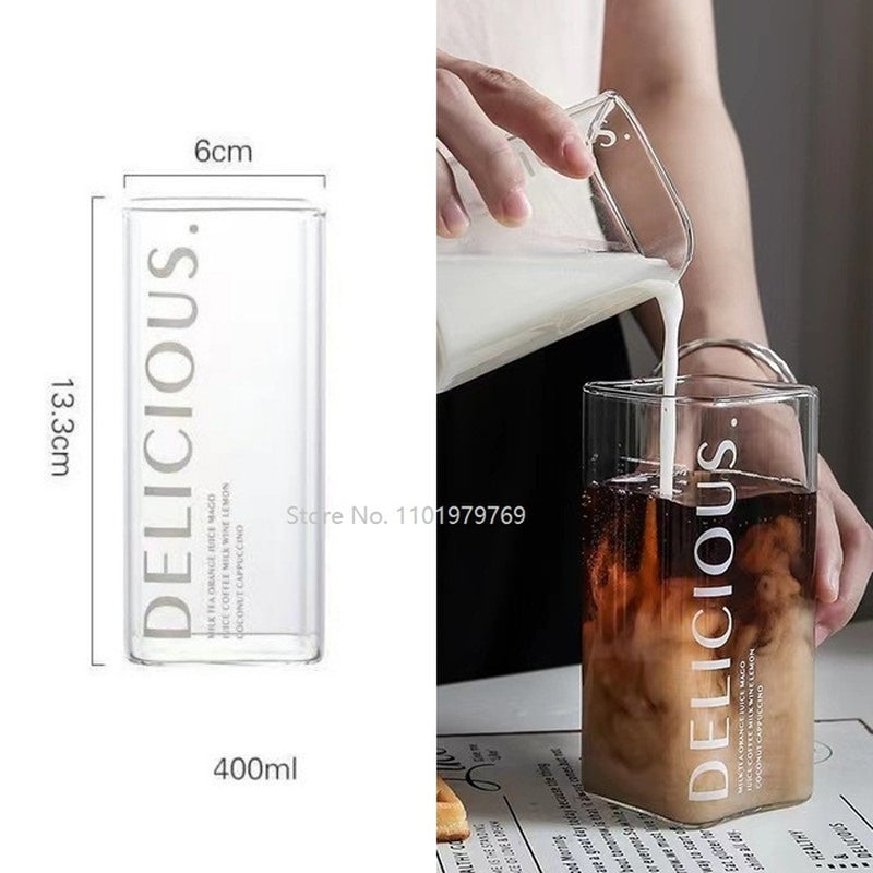 Square Transparent Creative Letter Glass Coffee Tea Mug Drinks Dessert Breakfast Milk Cup Glass Mugs Handle Drinkware