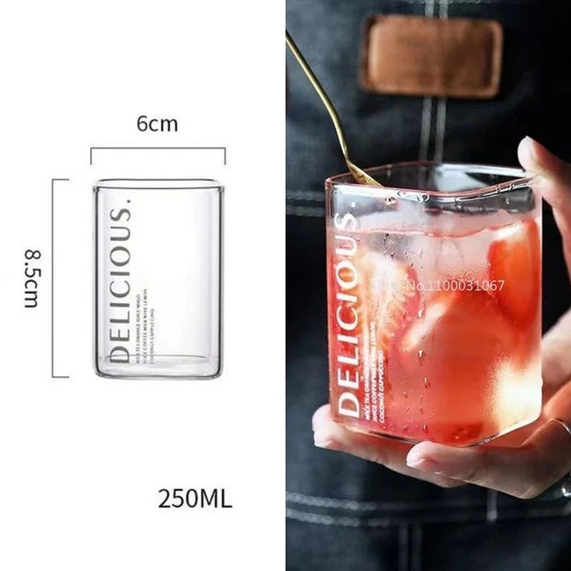 Square Transparent Creative Letter Glass Coffee Tea Mug Drinks Dessert Breakfast Milk Cup Glass Mugs Handle Drinkware