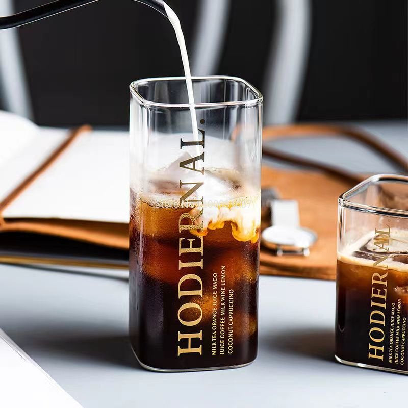 Square Transparent Creative Letter Glass Coffee Tea Mug Drinks Dessert Breakfast Milk Cup Glass Mugs Handle Drinkware